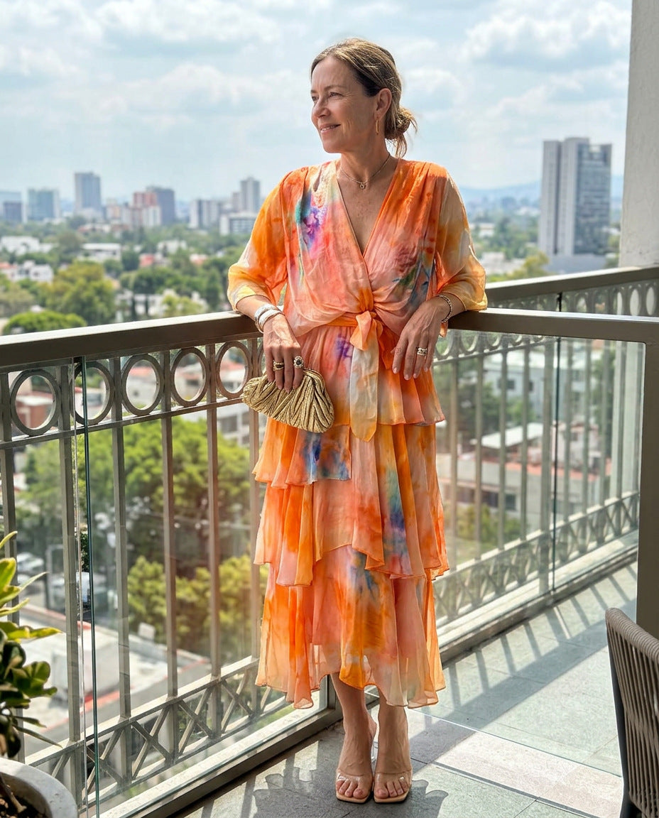 Woman wearing the Aurore Dress in orange